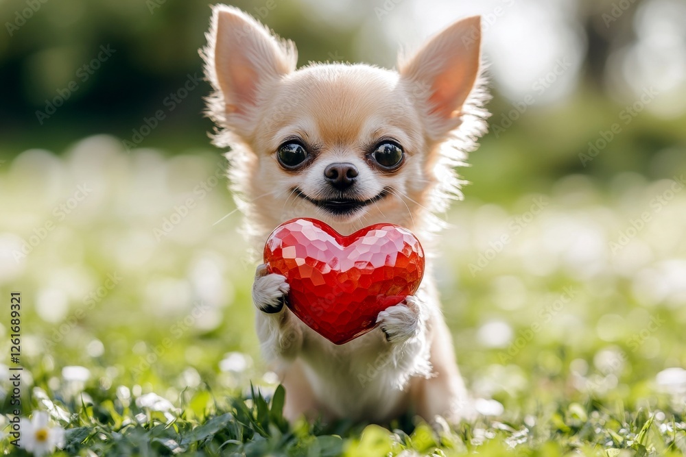 Cute chihuahua pup with diamond red heart on a walk in a spring green space. Chihuahua - my treasured dog, symbol of friendship. Marketing animal idea art. Happy valentine's day puppy.