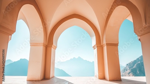 Serene architectural view of arches framing a mountain landscape under a clear blue sky