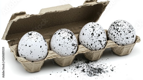 Four speckled eggs in a carton with scattered black particles on a white background