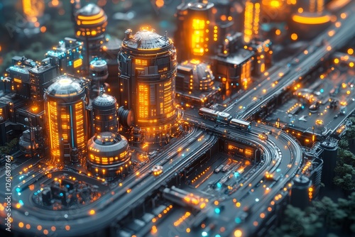 Futuristic city, train transport, glowing buildings, night scene, urban technology