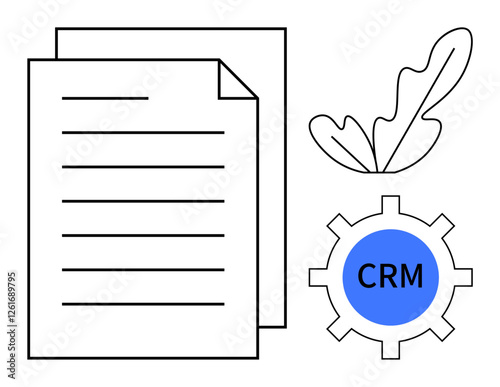Documents representing organized information, gear with CRM text for efficiency, and an abstract leaf indicating growth. Ideal for business, productivity, organization, technology, development, CRM