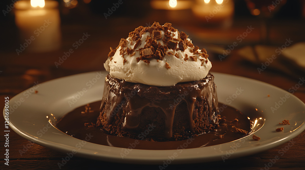 Tempting Chocolate Lava Cake with Cream Topping Delight in a Warm Candlelight Setting Tempting Chocolate Lava Cake with Cream Topping Delight in a Warm Candlelight Setting