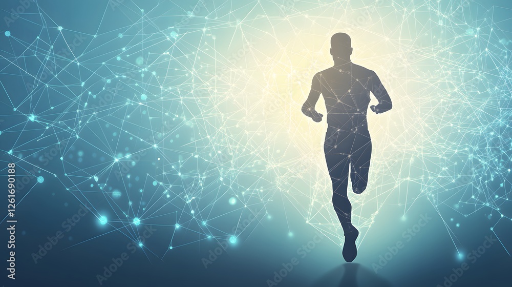 Silhouette of a runner against a network connected background