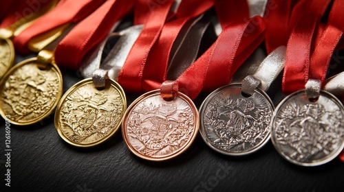 Shimmering medal awards; a set of gleaming, metallic medals featuring gold, silver, and bronze designs, each adorned with a vibrant red ribbon for a classic, prestigious achievement recognition