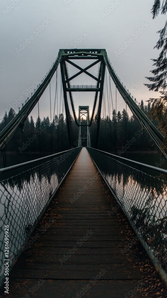 Fototapeta premium Wooden suspension bridge at dusk surrounded by forest with metal framework and walkway