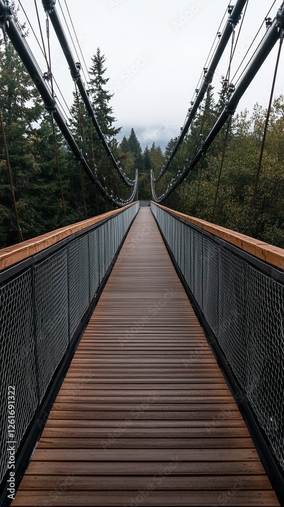 Obraz premium Wooden suspension bridge in a forest with metal railings and cables stretching into the distance.