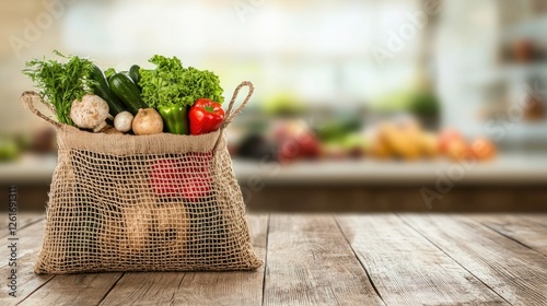 Fresh vegetables in a burlap bag on a wooden table with a blurred kitchen background