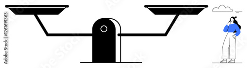 Person in blue with thoughtful pose looks at empty balancing scales. Ideal for decision-making, balance, fairness, equality, options weighing, contemplation, and justice. Abstract line flat metaphor