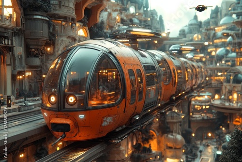 Futuristic city train transport, elevated track, glowing buildings