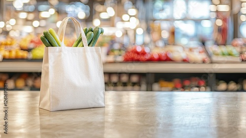 Fresh vegetables in a reusable bag on a countertop in a vibrant grocery store setting