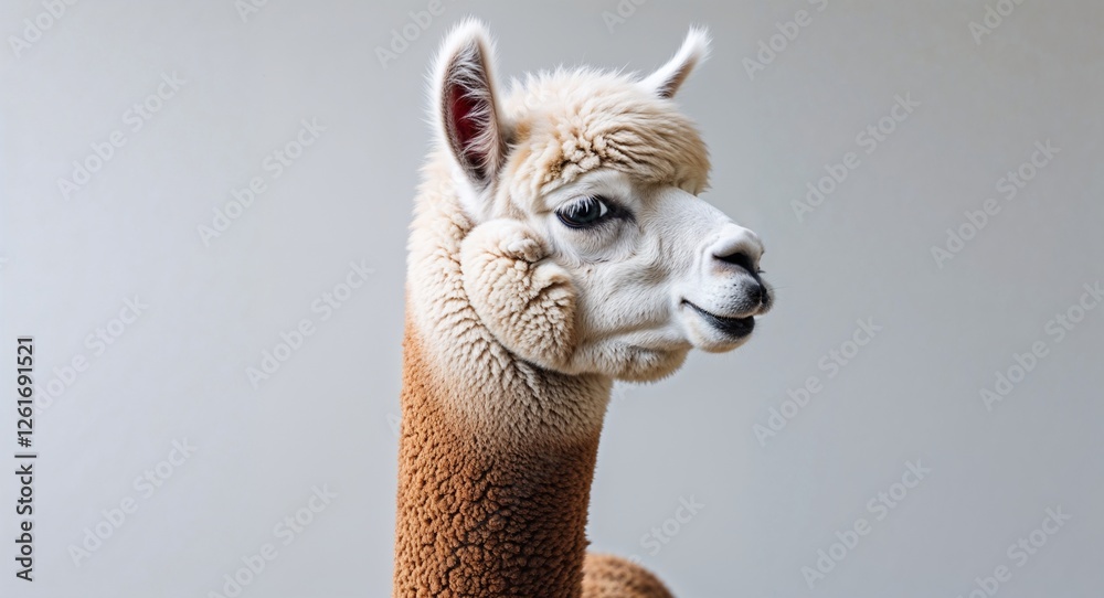 Fototapeta premium Alpaca side view portrait on plain white background
