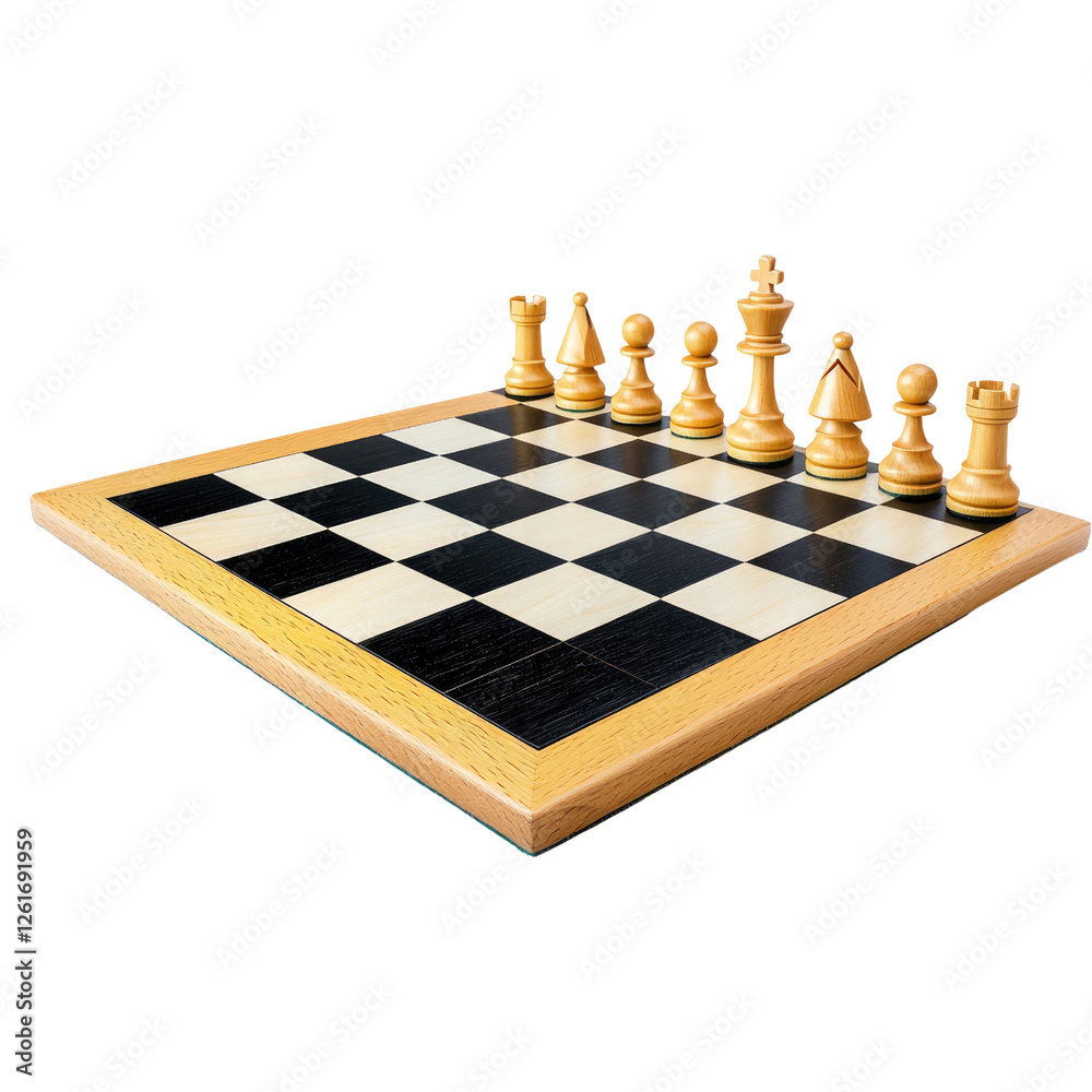 wooden chessboard with pieces arranged on one side, showcasing strategy and elegance. black and white squares contrast beautifully with light wood wooden chessboard with pieces arranged on one side, showcasing strategy and elegance. black and white squares contrast beautifully with light wood