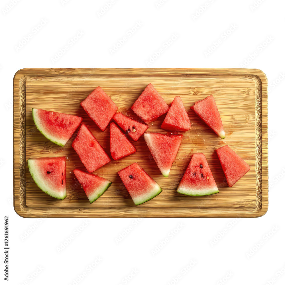 Fresh watermelon slices arranged on wooden cutting board, showcasing vibrant red flesh and green rind, perfect for summer snacks and healthy eating Fresh watermelon slices arranged on wooden cutting board, showcasing vibrant red flesh and green rind, perfect for summer snacks and healthy eating