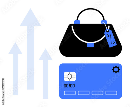 Handbag with price tag next to a credit card and three upward arrows. Ideal for e-commerce, online shopping, retail growth, digital payments, consumer spending, economic growth, financial