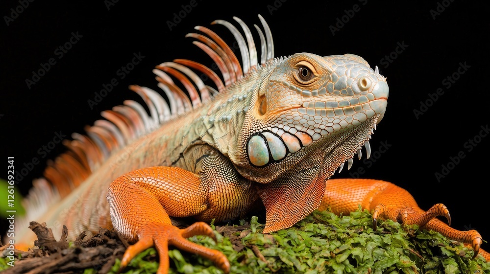 Fototapeta premium Vibrant orange iguana rests on green moss against a dark background in a close-up studio portrait.