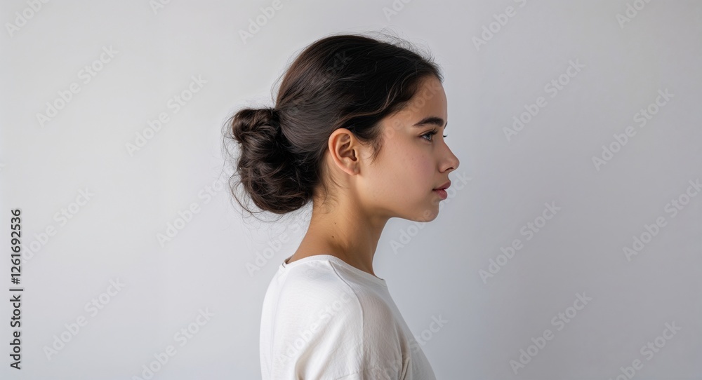 Black background Caucasian girl side view portrait on plain white background Black background Caucasian girl side view portrait on plain white background