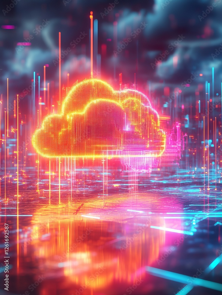 Fototapeta premium Digital Cloud Computing Concept With Neon Lights