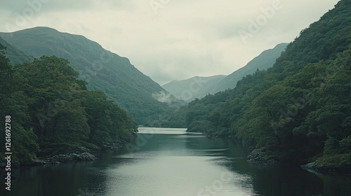Serene river flows through lush green valleys under a cloudy sky, revealing distant mountains