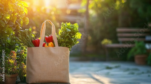 A woven bag filled with colorful vegetables sits in a sunlit garden with greenery and a bench