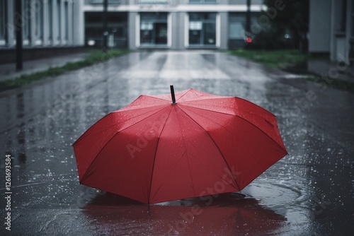 Red Umbrella on Wet Street After Rain
