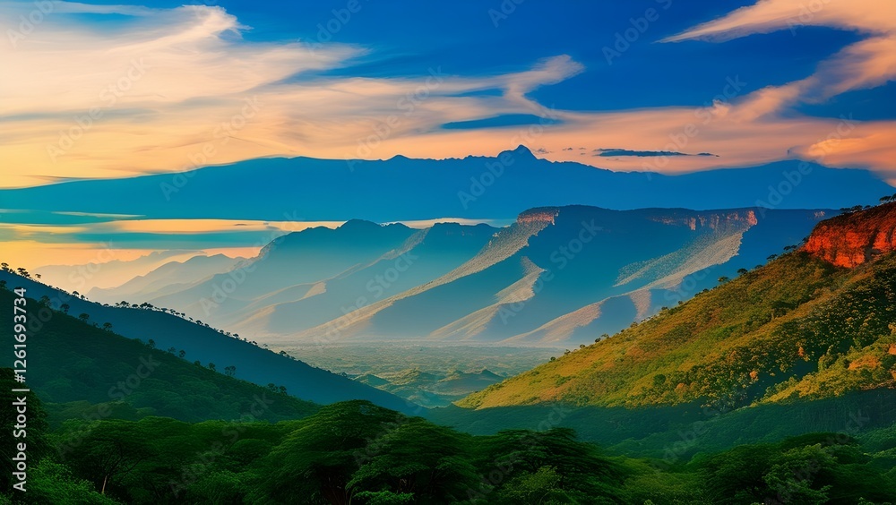 Fototapeta premium A serene landscape photograph of the Vindhya Range, a majestic mountain range in central India, with lush green forests and trees dotting the gentle slopes, set against a vibrant blue sky with a few w