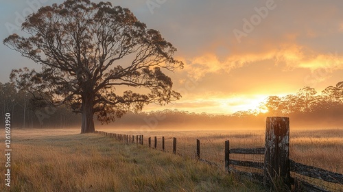 Majestic tree at sunrise in a misty field with a rustic fence and vibrant sky backdrop