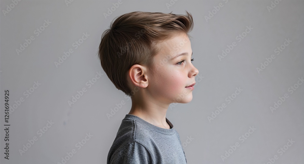 Gray background Caucasian boy side view portrait on plain white background Gray background Caucasian boy side view portrait on plain white background