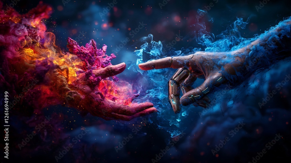 Digital Depiction of Two Hands Touching with Vibrant Particle Effects Digital Depiction of Two Hands Touching with Vibrant Particle Effects