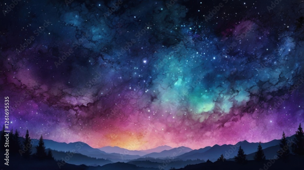 Fototapeta premium A stunning fantasy starry night sky with blue and purple hues, featuring a cosmic galaxy and aurora, in a 4K watercolor illustration, showcasing a colorful space background with shining stars.