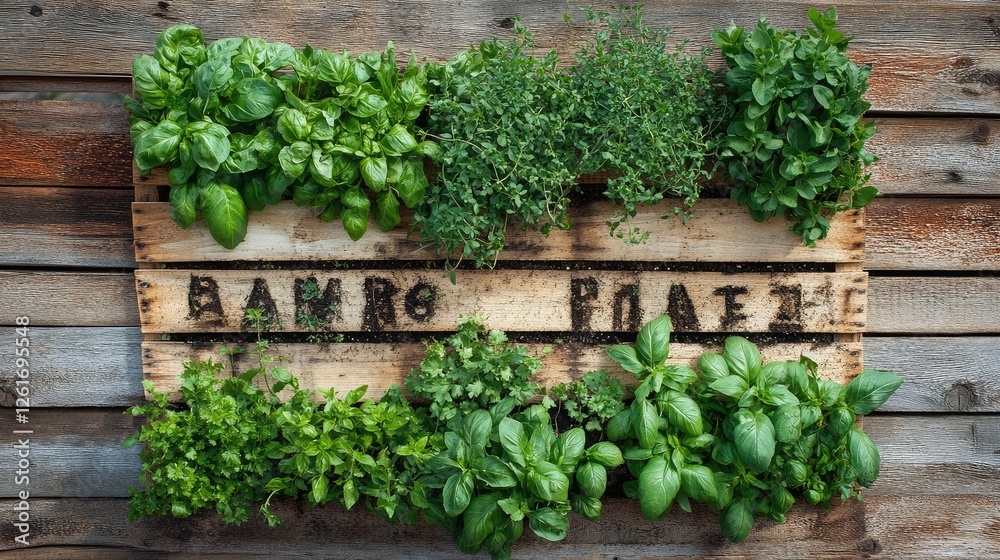 Fototapeta premium A diverse herb garden with basil, rosemary, thyme, and parsley growing in raised beds made from reclaimed wood.