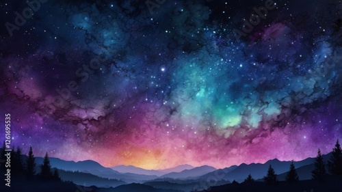 A stunning fantasy starry night sky with blue and purple hues, featuring a cosmic galaxy and aurora, in a 4K watercolor illustration, showcasing a colorful space background with shining stars.

