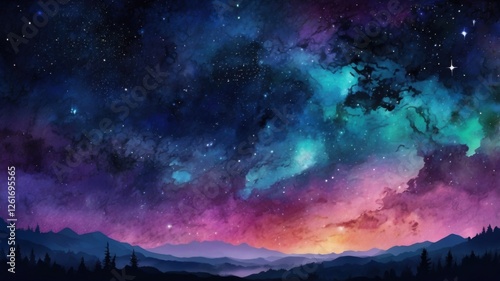 A stunning fantasy starry night sky with blue and purple hues, featuring a cosmic galaxy and aurora, in a 4K watercolor illustration, showcasing a colorful space background with shining stars.

