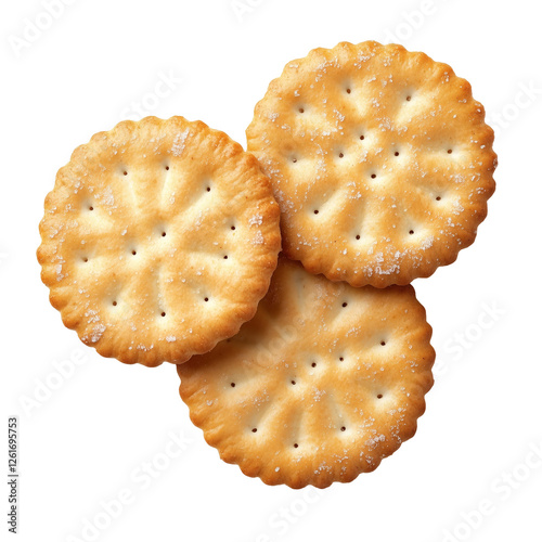 Crunchy Saltine Crackers: A close-up shot of three golden-brown saltine crackers, their surface adorned with tiny salt crystals,  tempting with their classic flavor and crisp texture.  photo