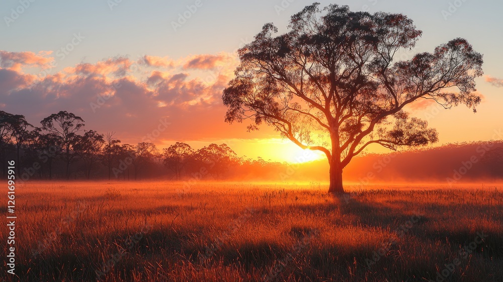 Majestic sunset over a serene field with a lone tree silhouetted against vibrant colors Majestic sunset over a serene field with a lone tree silhouetted against vibrant colors