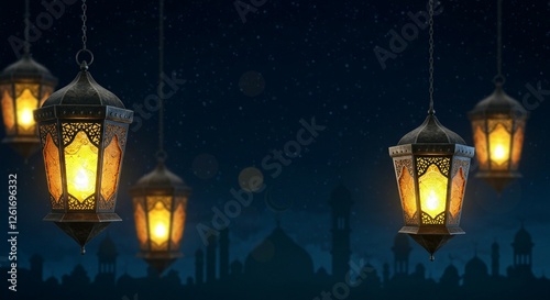 The Muslim holy month with Ramadan lanterns in desert 