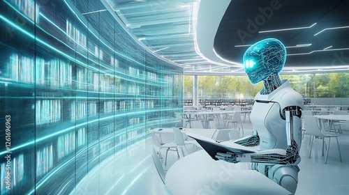 Futuristic AI reading assistant analyzing comprehension and suggesting improvements for students