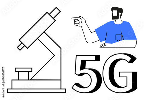 A person pointing towards a microscope and the text 5G highlights science and technology. Ideal for research, innovation, future technology, connectivity, scientific exploration, network