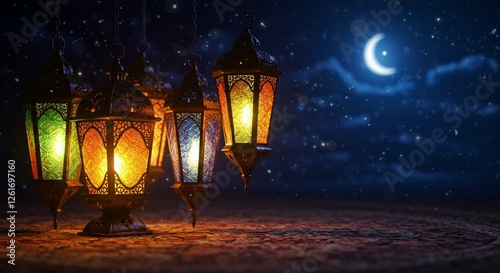Photography The Muslim holy month with Ramadan lanterns in desert