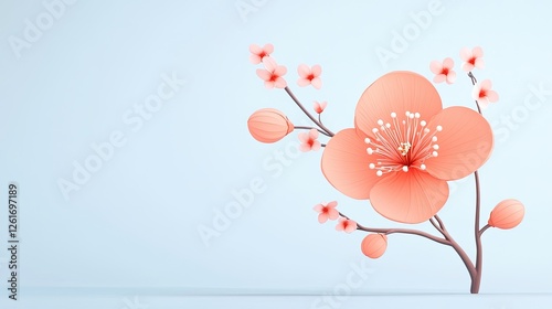 Delicate pink cherry blossom branch against a soft blue background, symbolizing spring's arrival