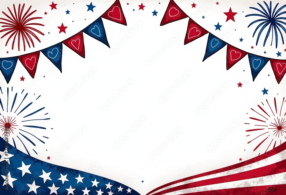 Obraz premium Hand-Drawn 4th of July Invite: Super Simple Sketch Style Template with American Flag Theme, Fireworks and Banners Clipart Elements on White Paper and a Clean White Background.