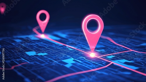 Digital map with glowing location pins marking routes in a futuristic urban environment