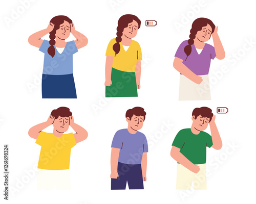 Tired Character have Headache, Dizziness and other Chronic Fatigue Syndrome Symptoms.