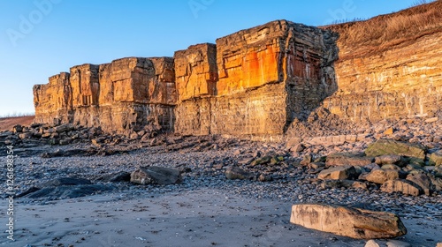 Majestic cliffs at sunset with golden hues reflecting on the rocky shoreline and calm sea