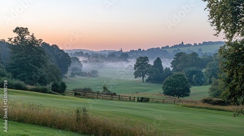 Serene morning landscape of a misty golf course at dawn, showcasing lush greenery and distant hills