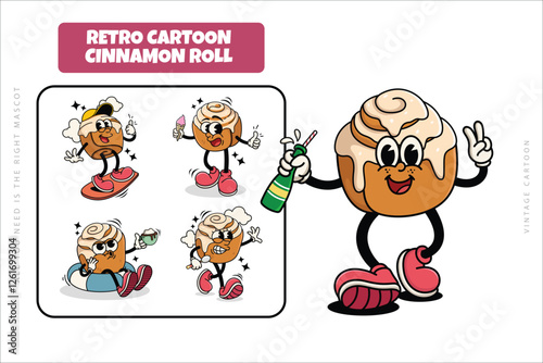 Set of Traditional Cinnamon Rolls Cartoon Illustration with Varied Poses and Expressions