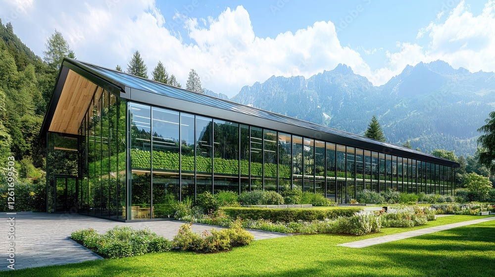 Exterior of a modern greenhouse with sleek glass panels and automated ventilation systems, set against a mountainous backdrop. Exterior of a modern greenhouse with sleek glass panels and automated ventilation systems, set against a mountainous backdrop.