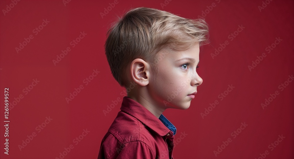 Red background Caucasian boy side view portrait on plain white background