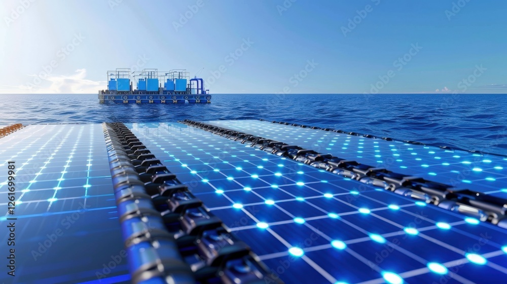 Obraz premium Innovative solar panel installation ocean waters technology showcase marine environment aerial view sustainable energy solutions