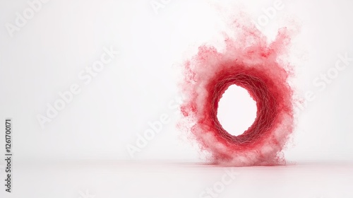 Abstract swirling red smoke forming a circular shape against a white background, creating a vibrant visual effect
