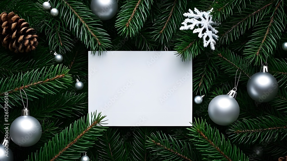 Blank white christmas card composition. Fir branch, festive seasonal decorations, lay flat background template Blank white christmas card composition. Fir branch, festive seasonal decorations, lay flat background template
